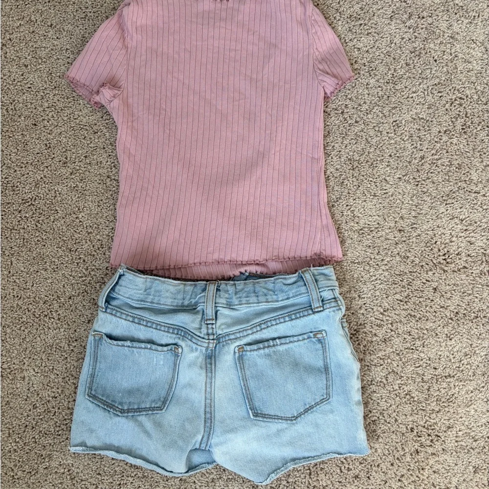 Old Navy Jean Shorts size 10 with Shein Girls Blush Ribbed Knit Top Size 9